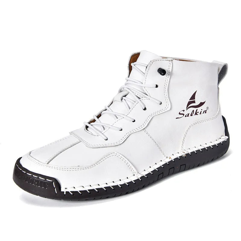 Men's high-top casual boots in artificial PU leather with elastic band and round toe design