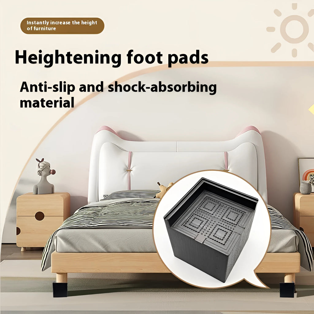 Four black plastic furniture foot mats for sofa and bed height adjustment