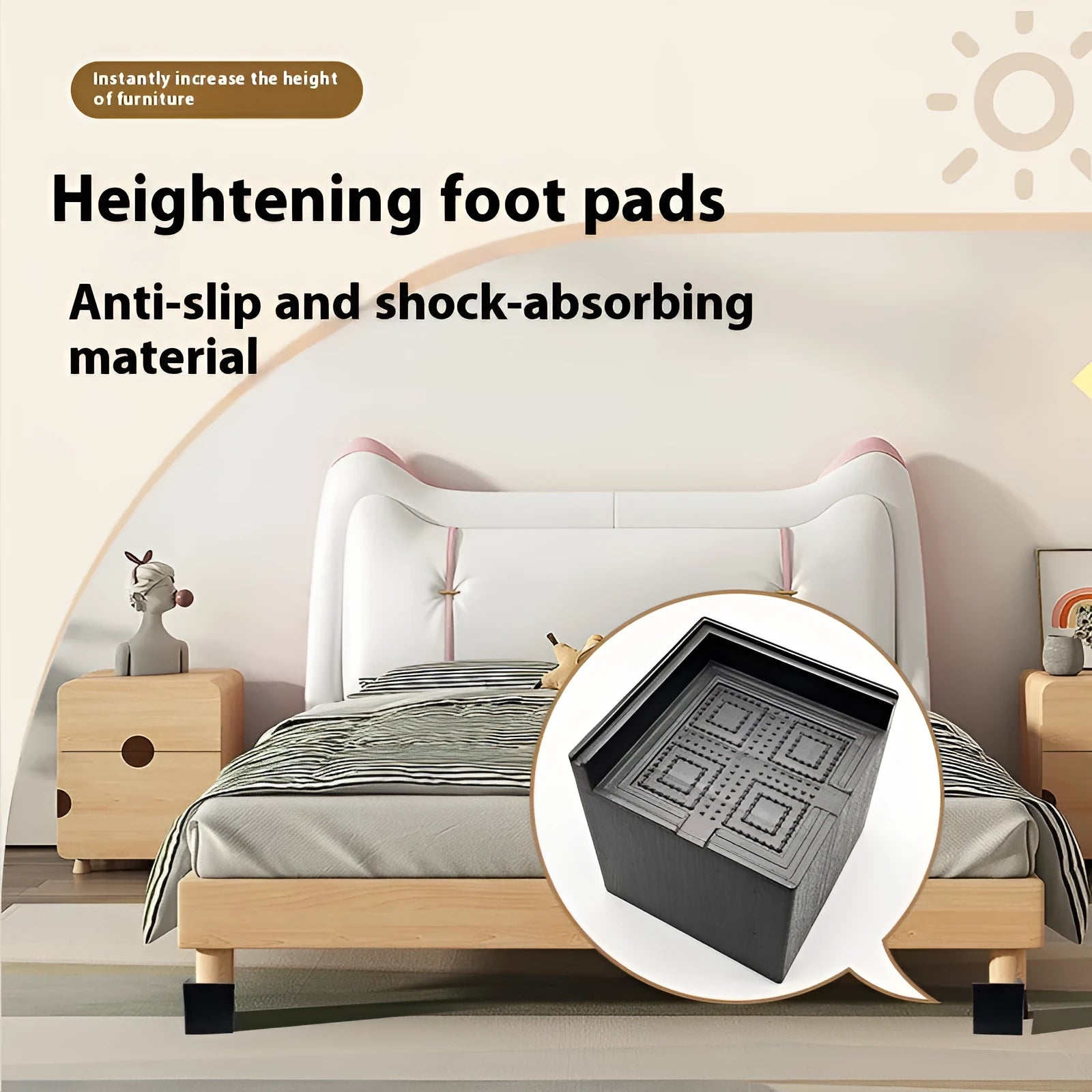 Four black plastic furniture foot mats for sofa and bed height adjustment