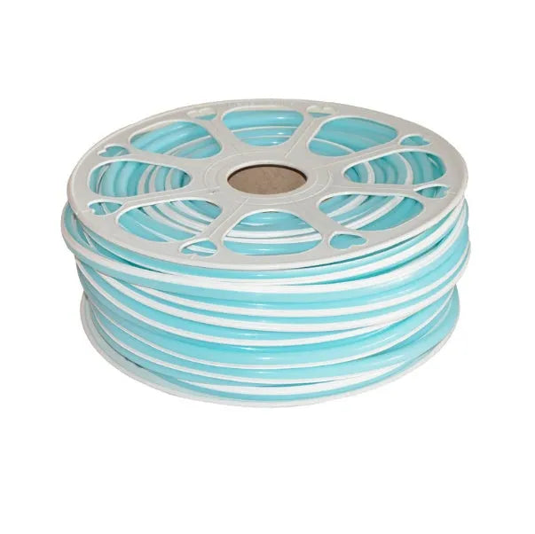 A roll of flexible blue silicone LED neon light bar, showing its 8mm width and coiled 50m length.