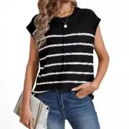Women's striped sleeveless pullover top with bone stitch detailing in apricot colour
