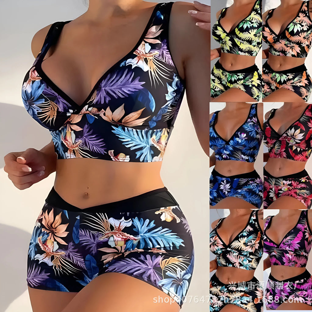 Women's two-piece swimsuit with printed boxer briefs in multi-colour pattern