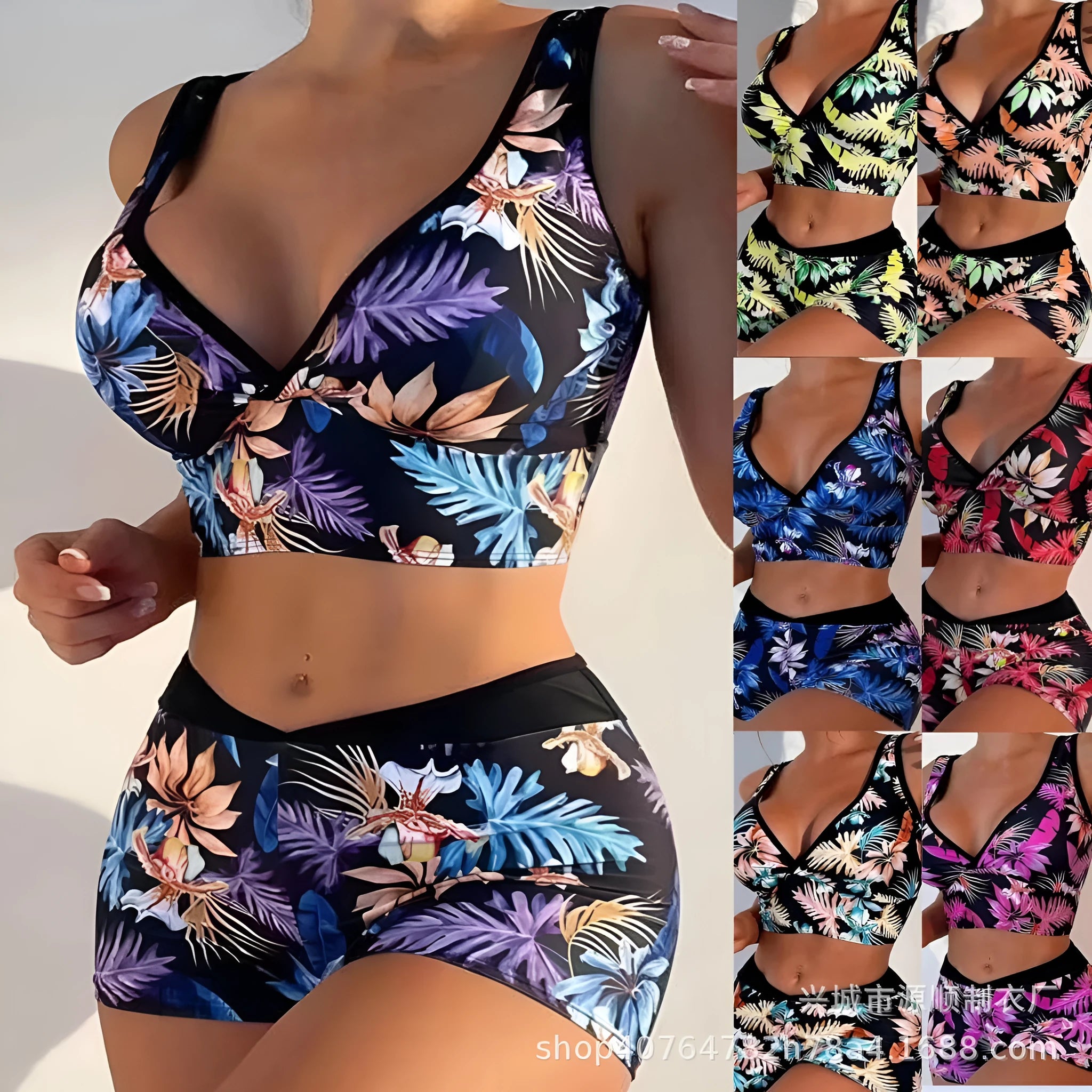Women's two-piece swimsuit with printed boxer briefs in multi-colour pattern
