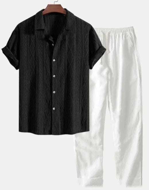 Men's loose-fit short sleeve shirt and trousers suit in milk silk polyester fabric