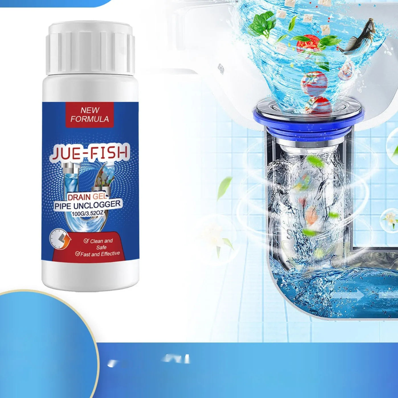 100g pipe dredge agent bottle for sewer and toilet odour cleaning, dimensions 11cm x 4.3cm