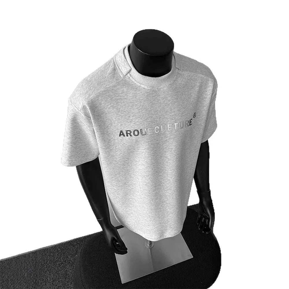 Men's loose fit cotton short sleeve shirt in light grey with letter pattern design