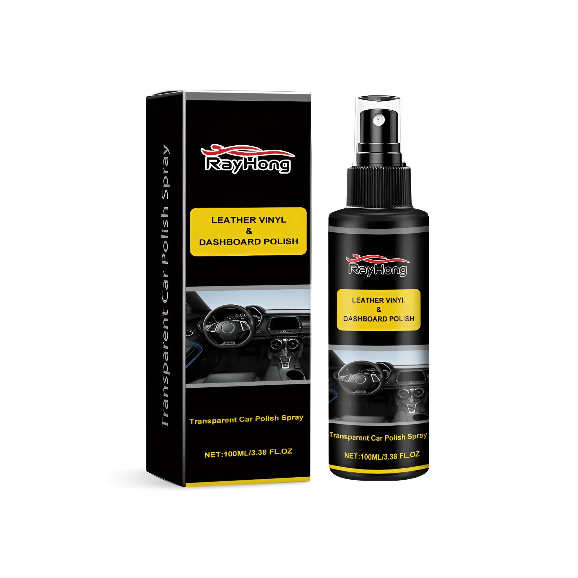 Silver aerosol can of car polishing spray measuring 3.7 by 14 cm next to its cardboard box.