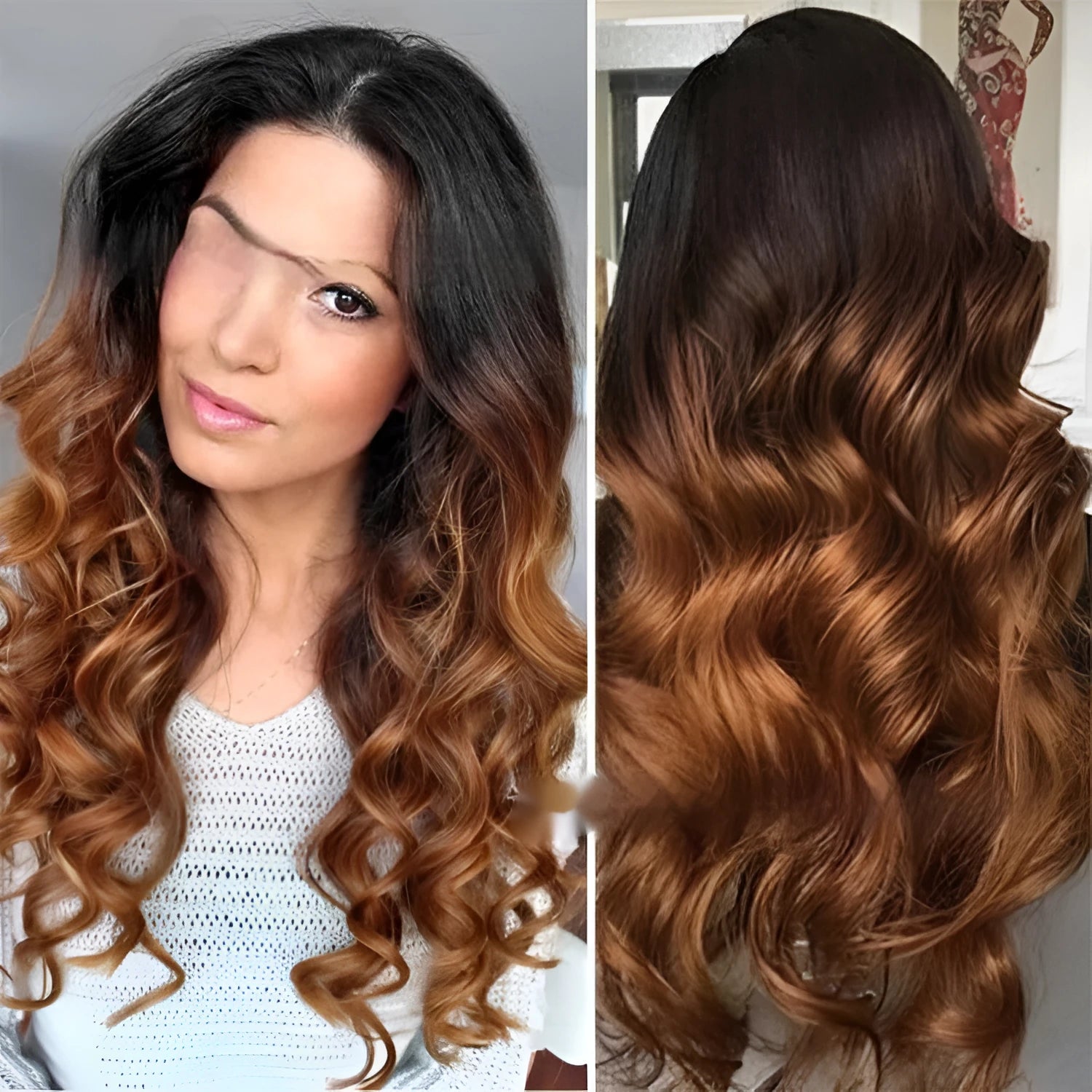 Human hair gradient wig with lace front cap in Ruili style, shown in a long length.
