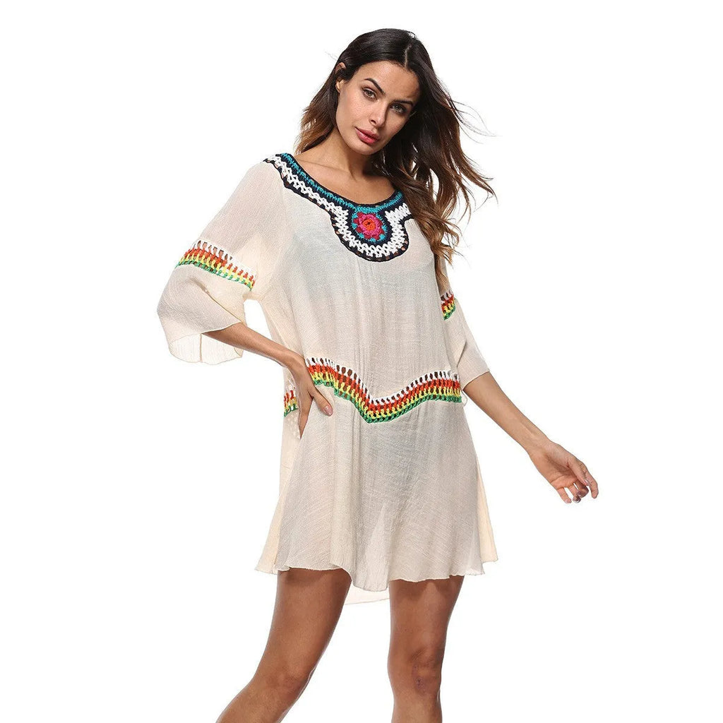 Crocheted ethnic style sun protection top in white colour for beachwear