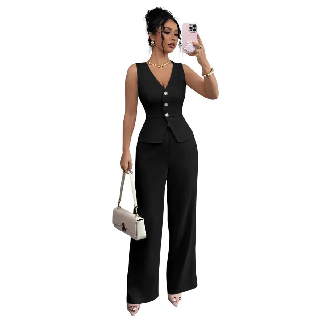 Women's solid colour sleeveless vest and high-waist trousers two-piece set in polyester casual wear