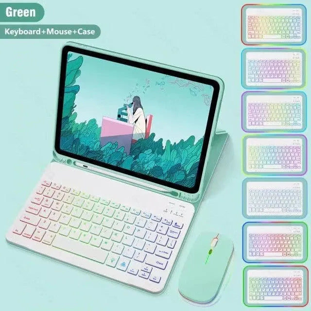 iPad in a black TPU protective case with a connected luminous RGB backlit Bluetooth keyboard on a table.