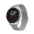 Bluetooth smart watch with metal wristband showing 1.3-inch touch screen displaying interface