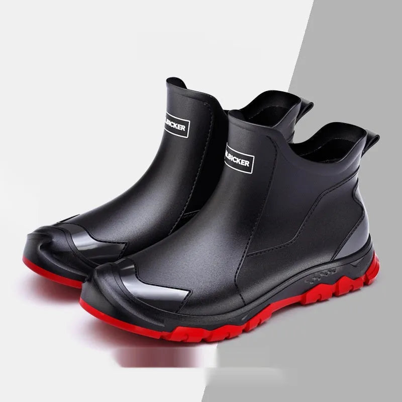 Short tube PVC rain boots with round toe and non-slip sole, shown in black and beige colour options.