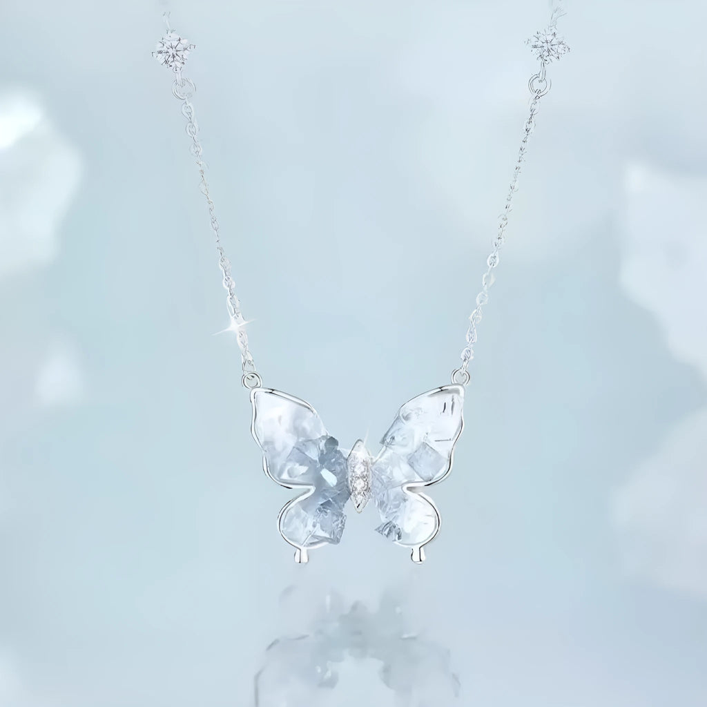 S925 silver necklace with detailed butterfly pendant and O-ring chain on display