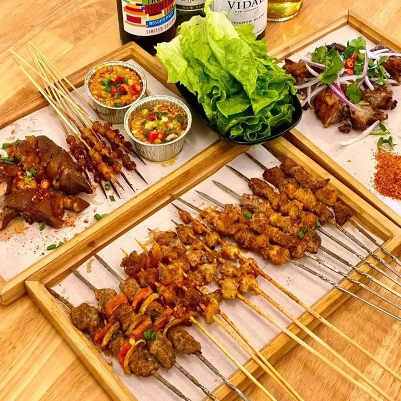 Brown-handled bamboo barbecue serving tray in square shape