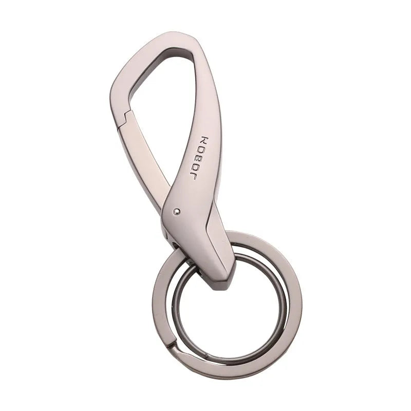 Simple double ring metal keychain in zinc alloy, shown in black, chrome, and nickel colour options.