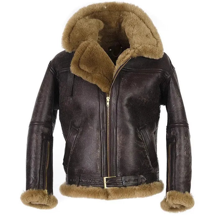 Men's brown synthetic leather retro fur coat for winter on a hanger.