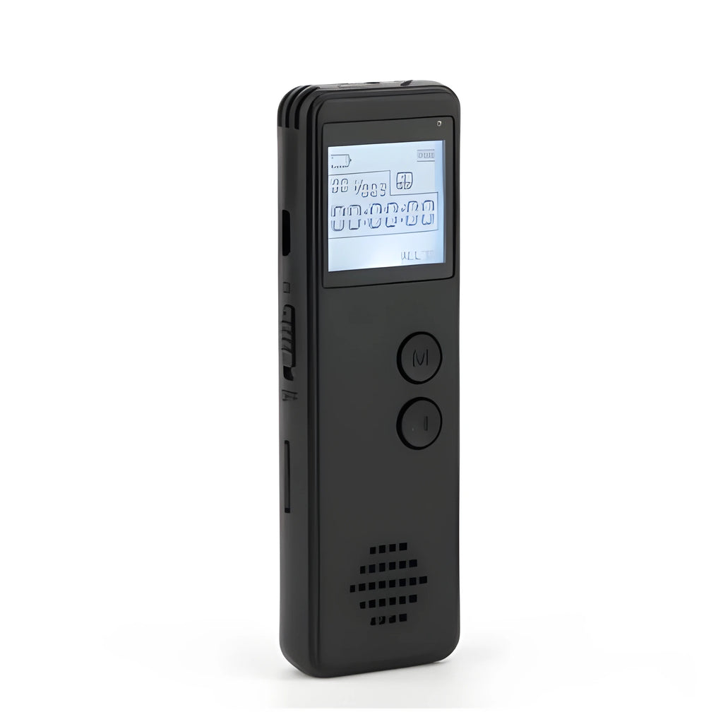 Black MP3 digital voice recorder with screen, showing compact size of 88mm by 33mm.