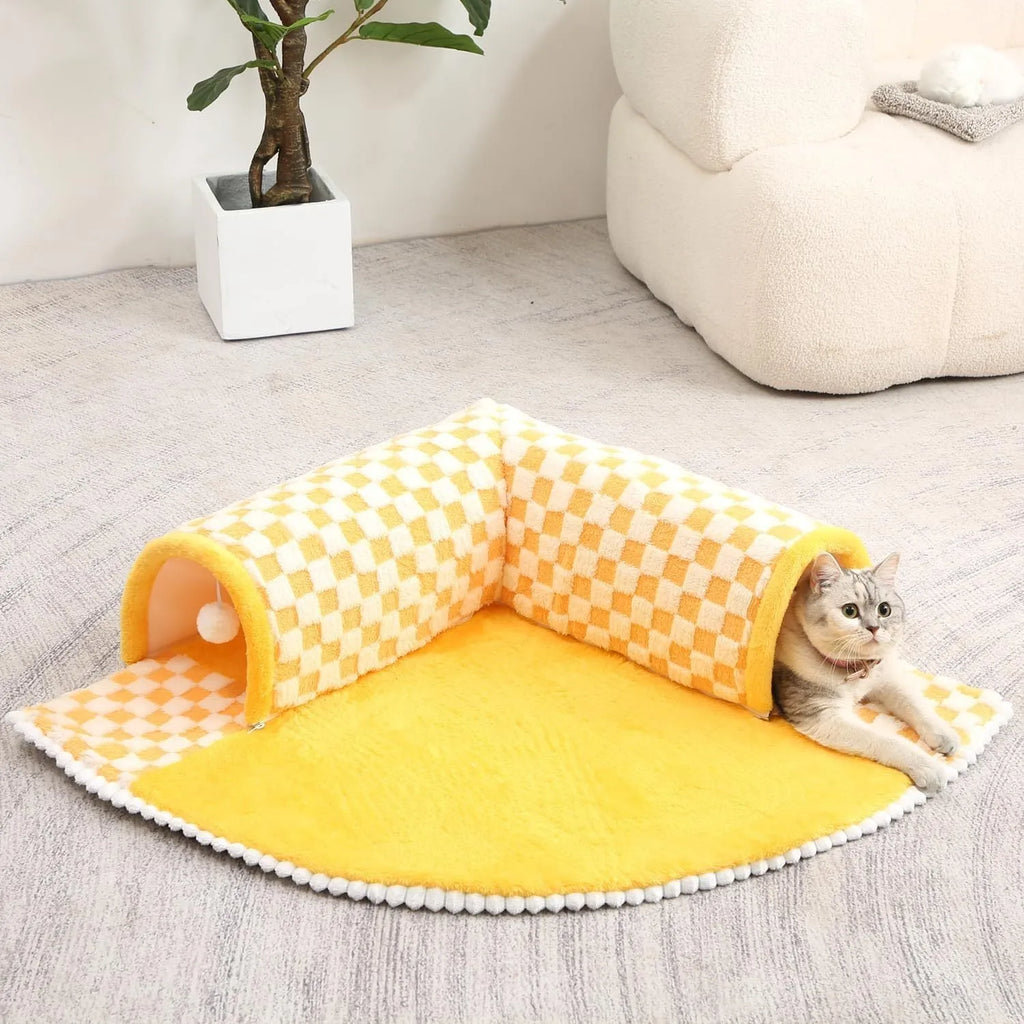 Fan-shaped plush dog cat bed with tunnel and sleeping area in coffee colour