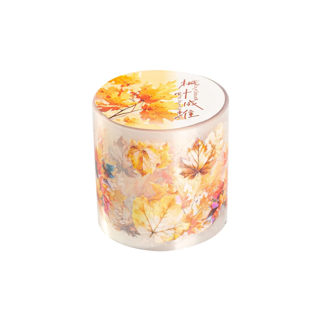 Roll of autumn leaf decorative stickers showing six colour variations including ginkgo and maple patterns