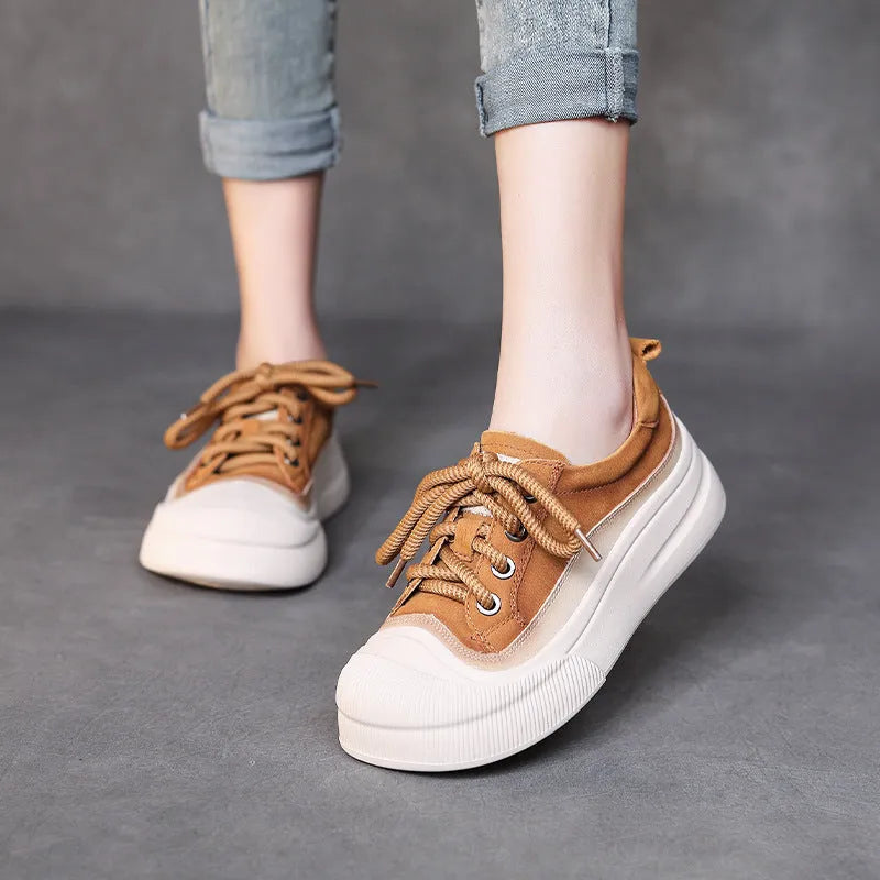 Women's round toe lace-up casual shoes in yellow leather with a rubber foam sole.