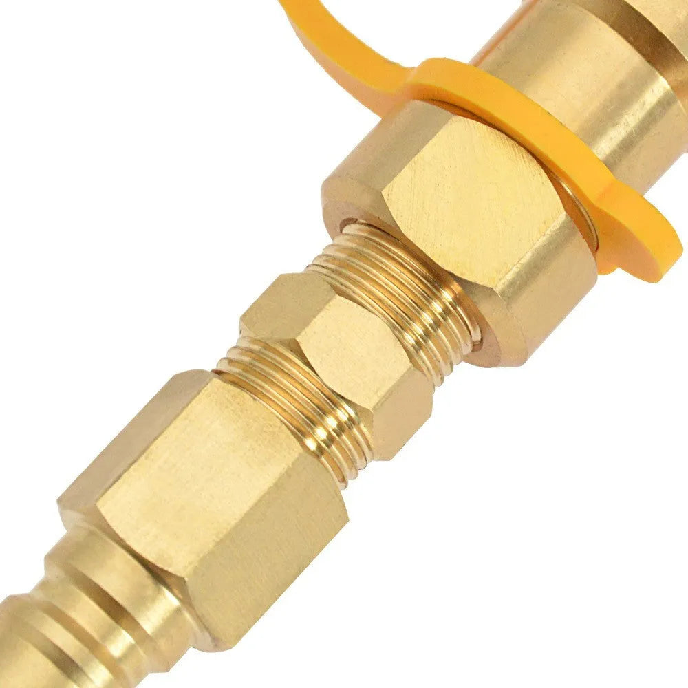Gold-coloured brass propane conversion charging connector with American standard thread