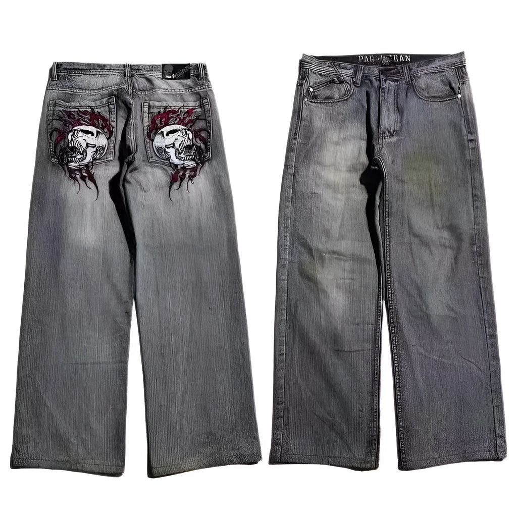 Men's grey retro washed-out jeans with wide-leg workwear design and straight-leg styling