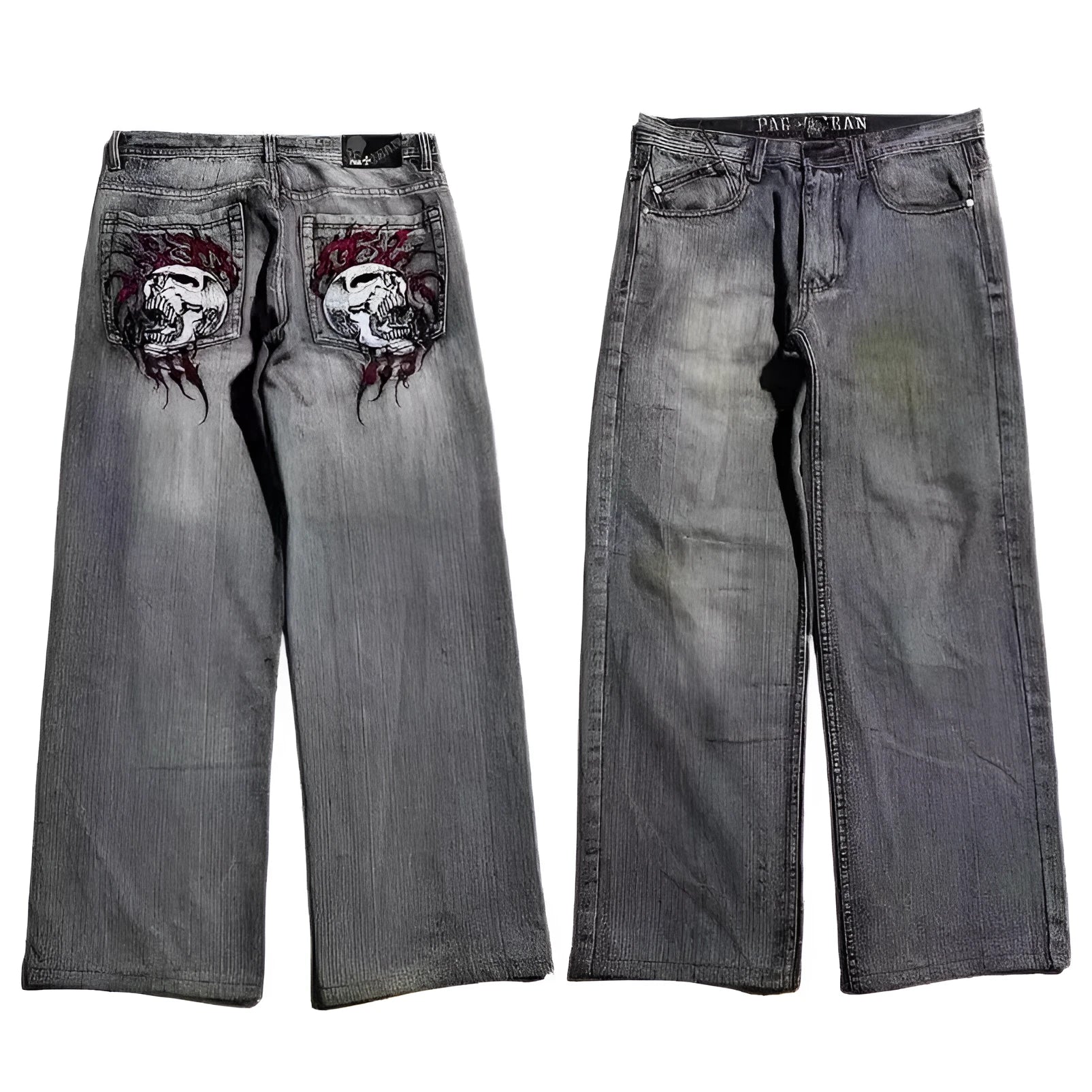 Men's grey retro washed-out jeans with wide-leg workwear design and straight-leg styling