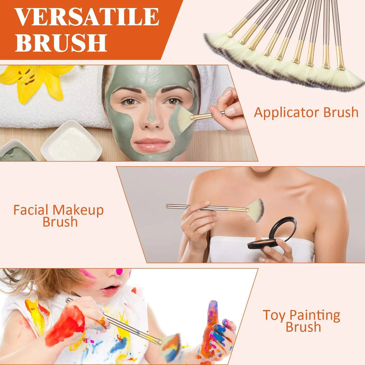 Set of 10 white-handled facial fan brushes with soft bristles and individual plastic brush covers.