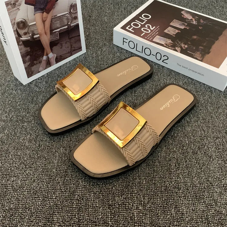 Women's flat summer slippers in apricot colour with waterproof PVC sole and casual design
