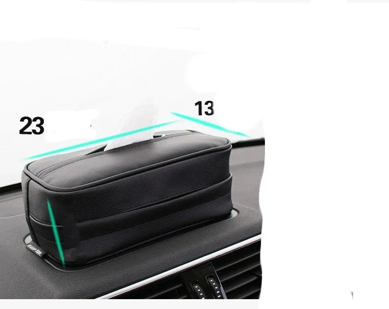 Black PU leather car storage box with hanging straps shown on a car headrest.