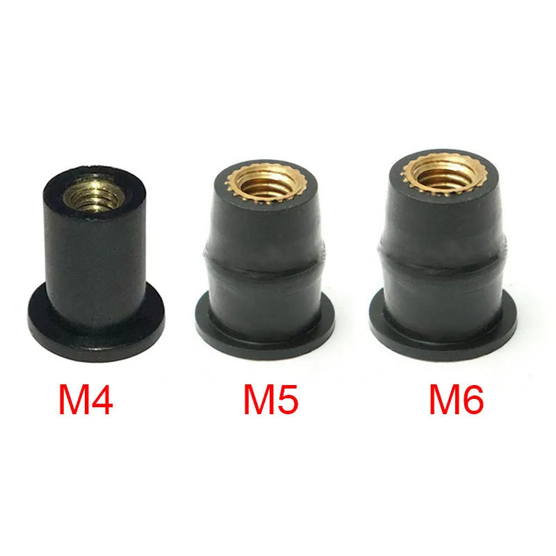 Ten black rubber well nut fasteners with brass inserts for motorcycle windshield mounting, showing M4 M5 M6 sizes.