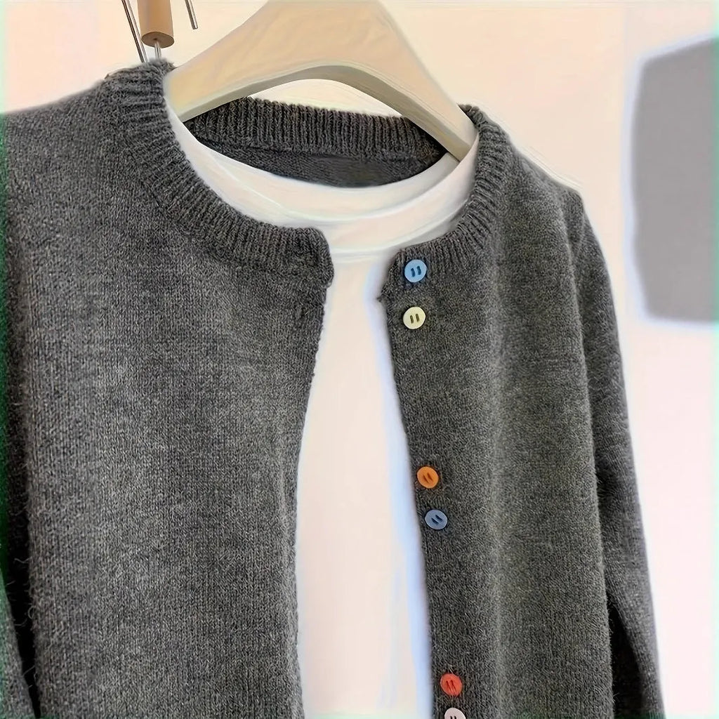 Dark grey women's cardigan sweater with button front, regular length, Asian sizing options