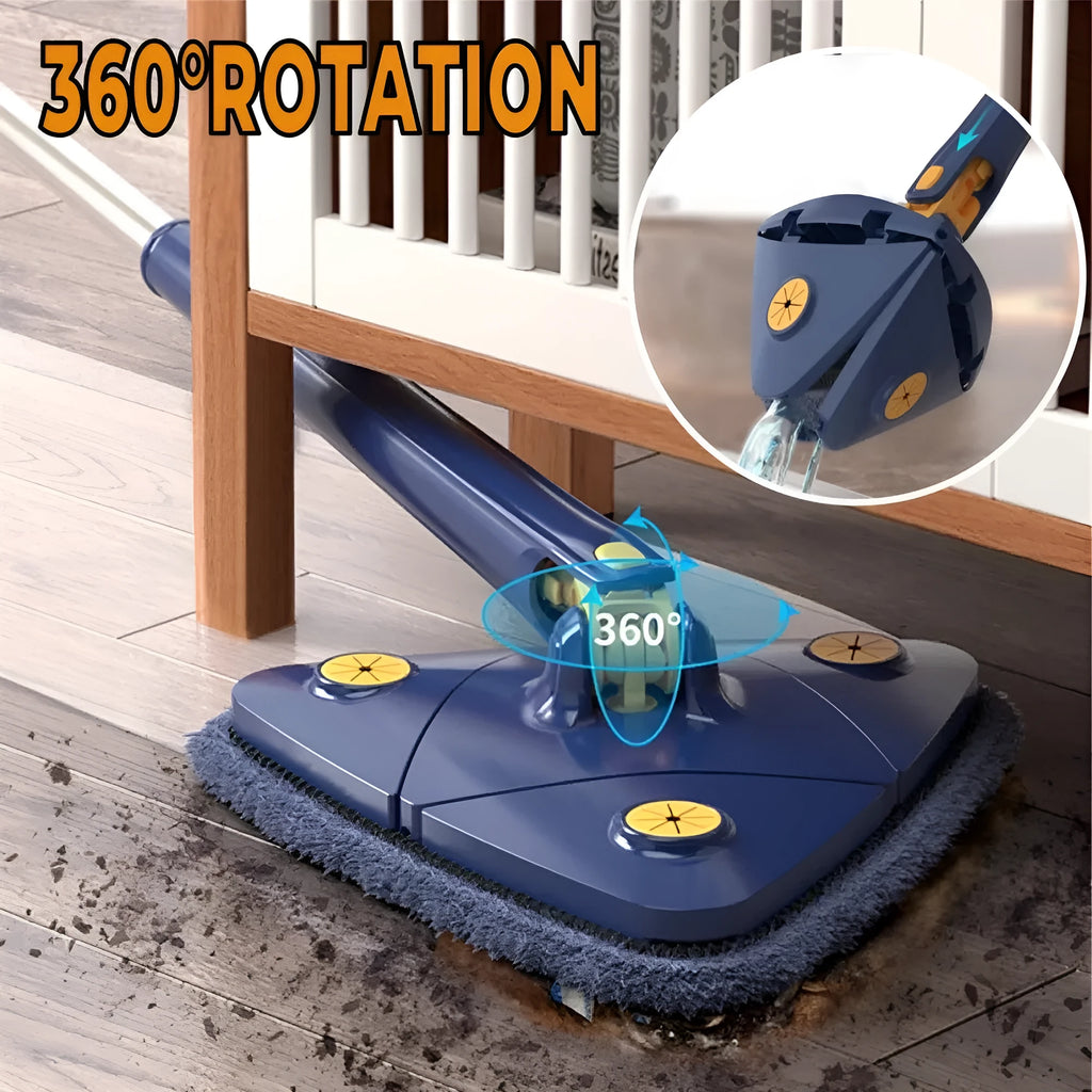 Blue triangle cleaning mop with extendable pole rotating to clean wall corners