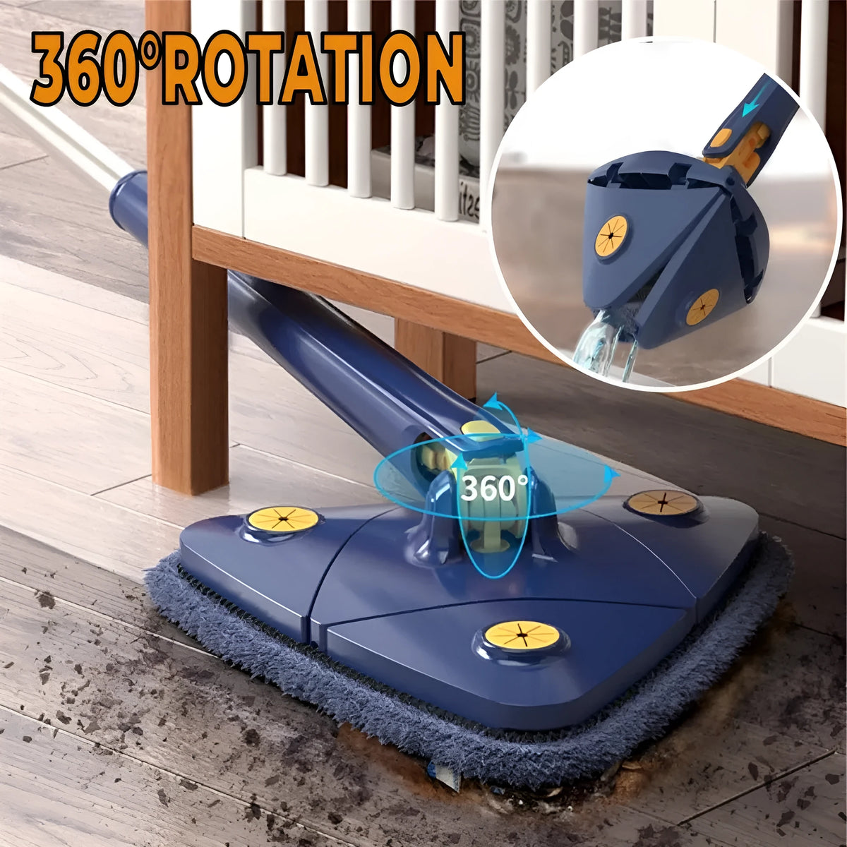 Blue triangle cleaning mop with extendable pole rotating to clean wall corners