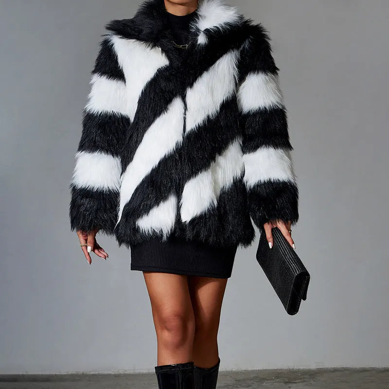 Women's faux fur coat with lapel contrast colour and fur collar in normal 50cm length