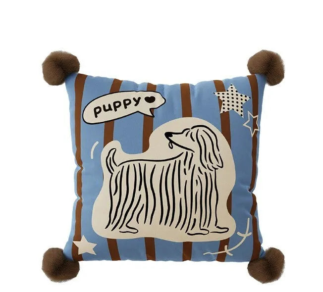 Blue cartoon animal print sofa cushion pillow with matching pillowcase on a grey sofa.