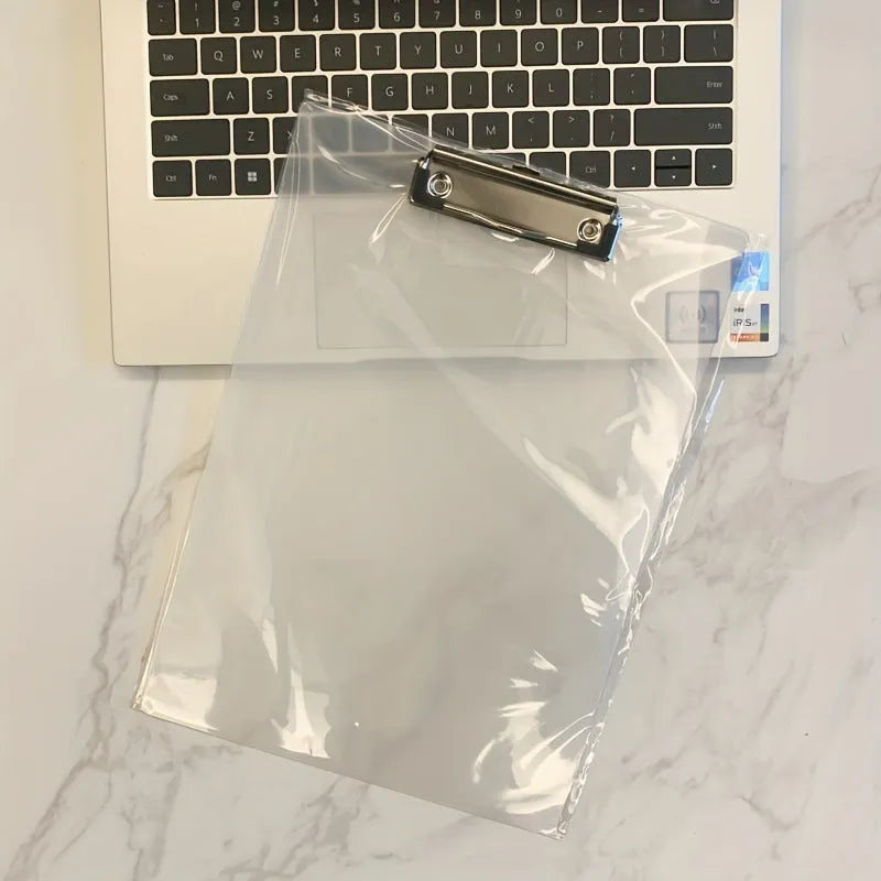 Transparent A4 plate holder with metal clip, shown in blue, acting as a writing board and document folder.