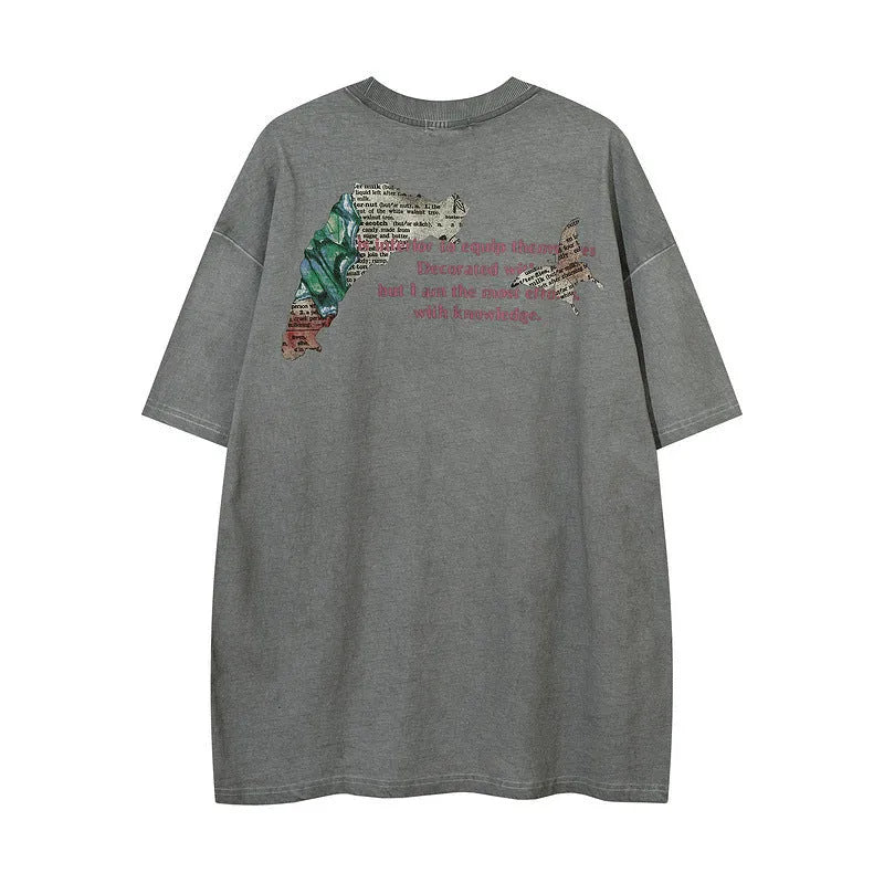 Men's cotton short sleeve loose pullover top with letter pattern in black or grey, sizes M to XXL