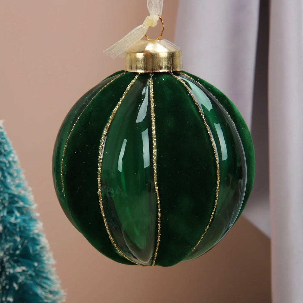 Green and yellow striped flocking Christmas glass ball decoration, 80mm mosaic geometric blown glass ornament