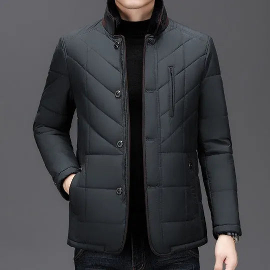 Men's solid-colour short winter padded coat with side seam pockets, shown in dark blue.