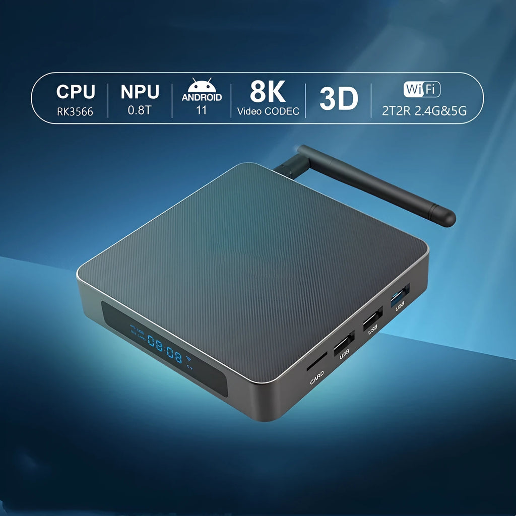 Android 8K set-top box with HDMI port and RK3566 processor for high-definition media playback