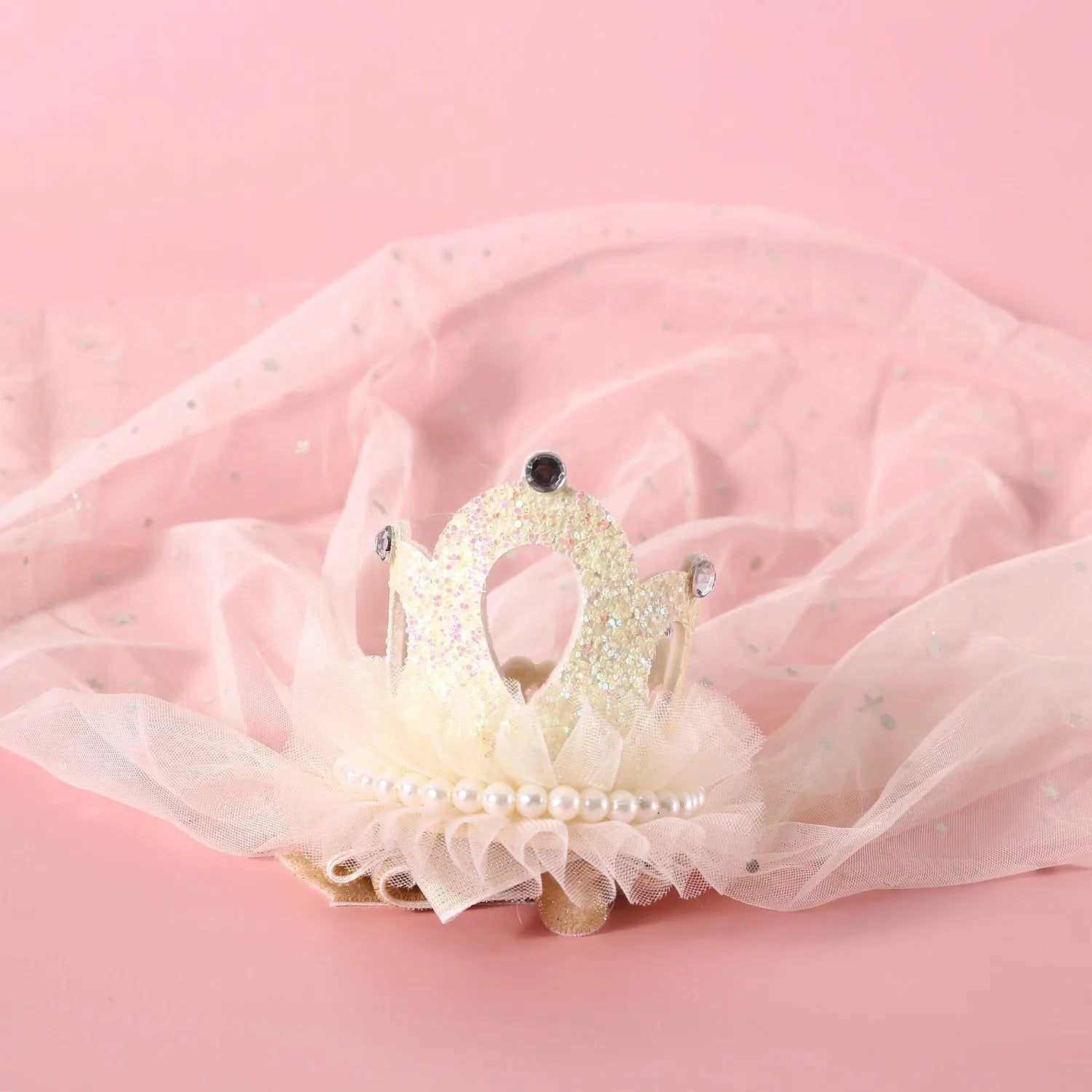 Pet cat wearing princess crown headdress with crown veil in beige colour option