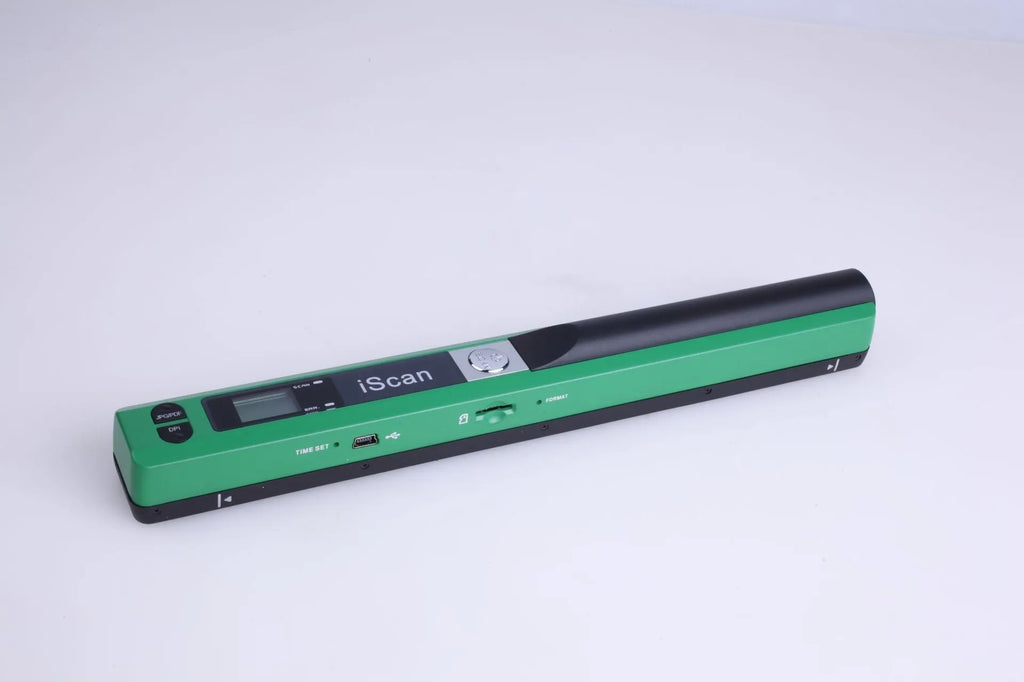 Handheld USB barcode scanner available in black, blue, green, red and silver colours