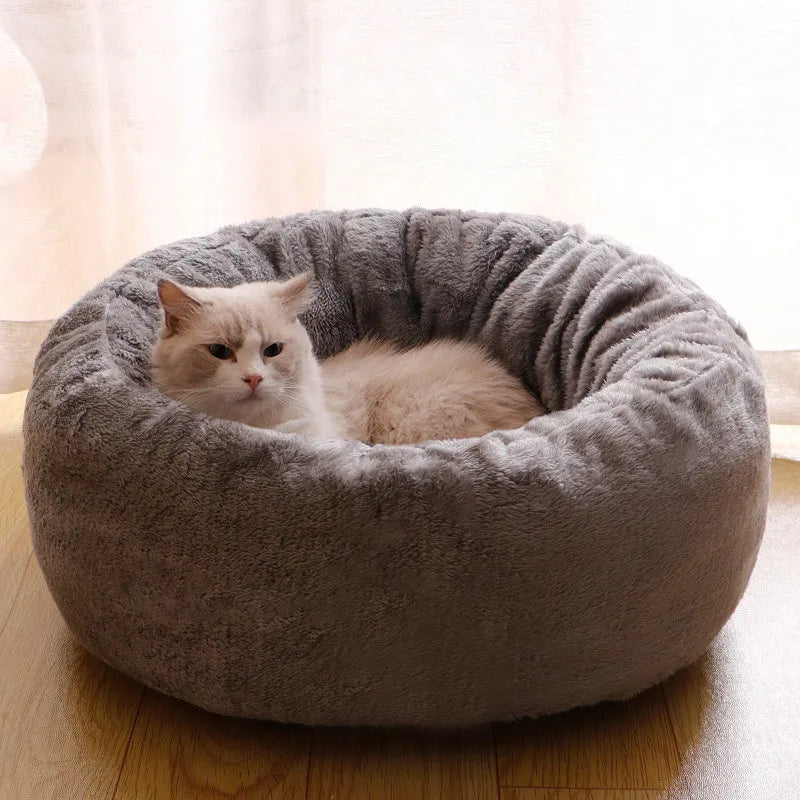 Round plush donut dog bed in Arctic fleece and PP cotton, available in 45cm, 55cm, and 65cm, Coffee Grey White