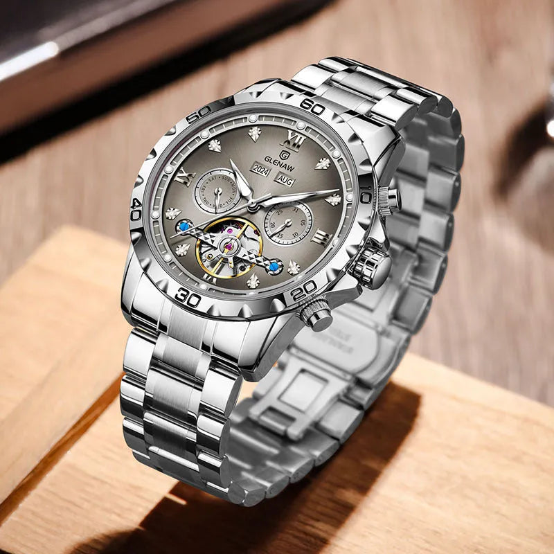 Men's automatic mechanical wristwatch with stainless steel strap in one of six colour options.