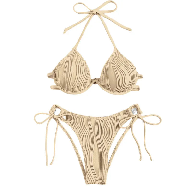 Women's apricot coloured bikini swimsuit with internal steel bracket support.