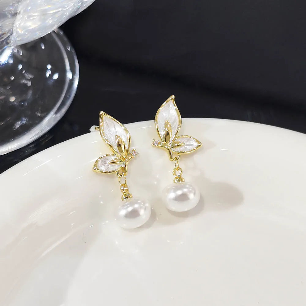 Zircon butterfly earrings with oil painting designs on electroplated copper