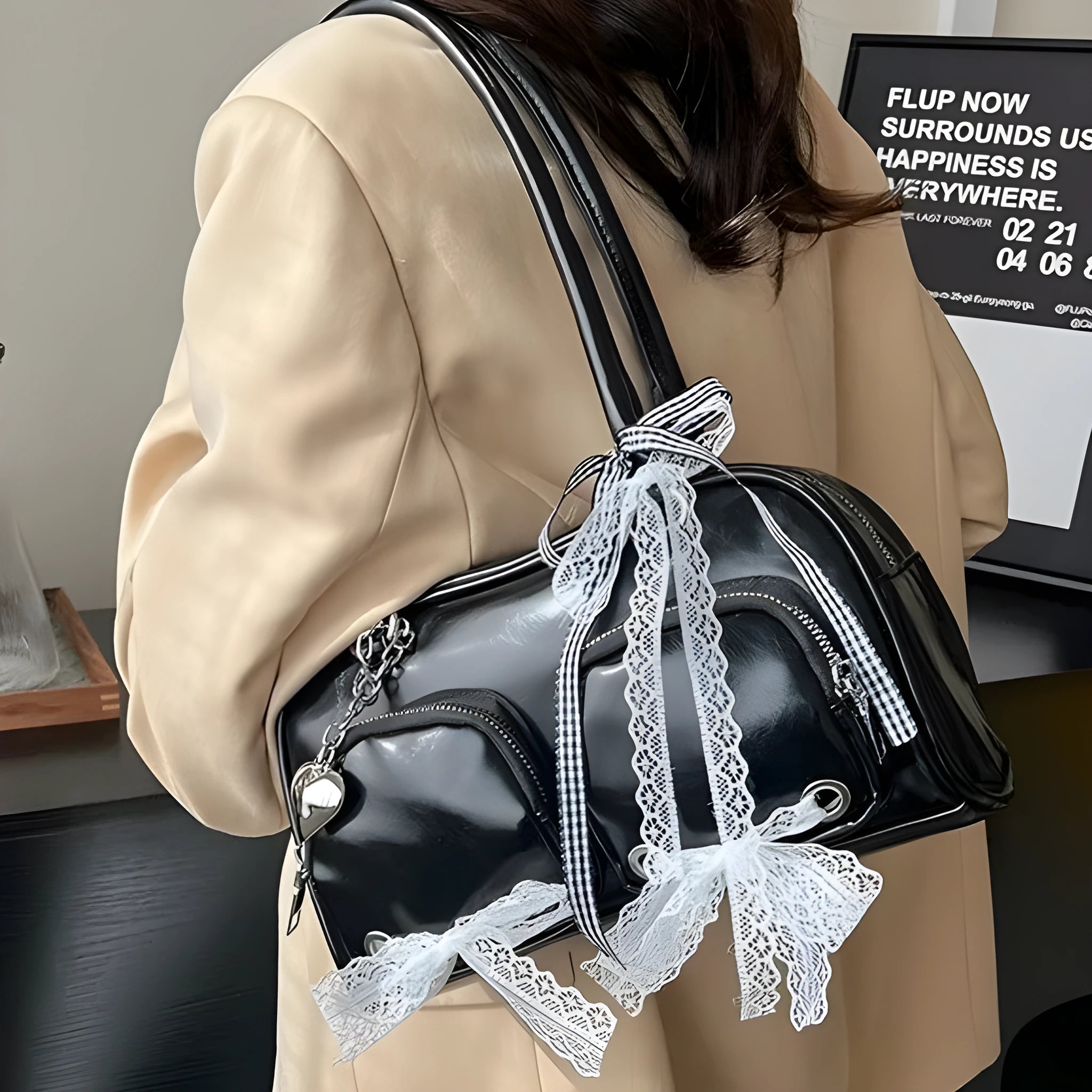 Soft texture PU leather casual shoulder bag with horizontal square shape and double shoulder straps