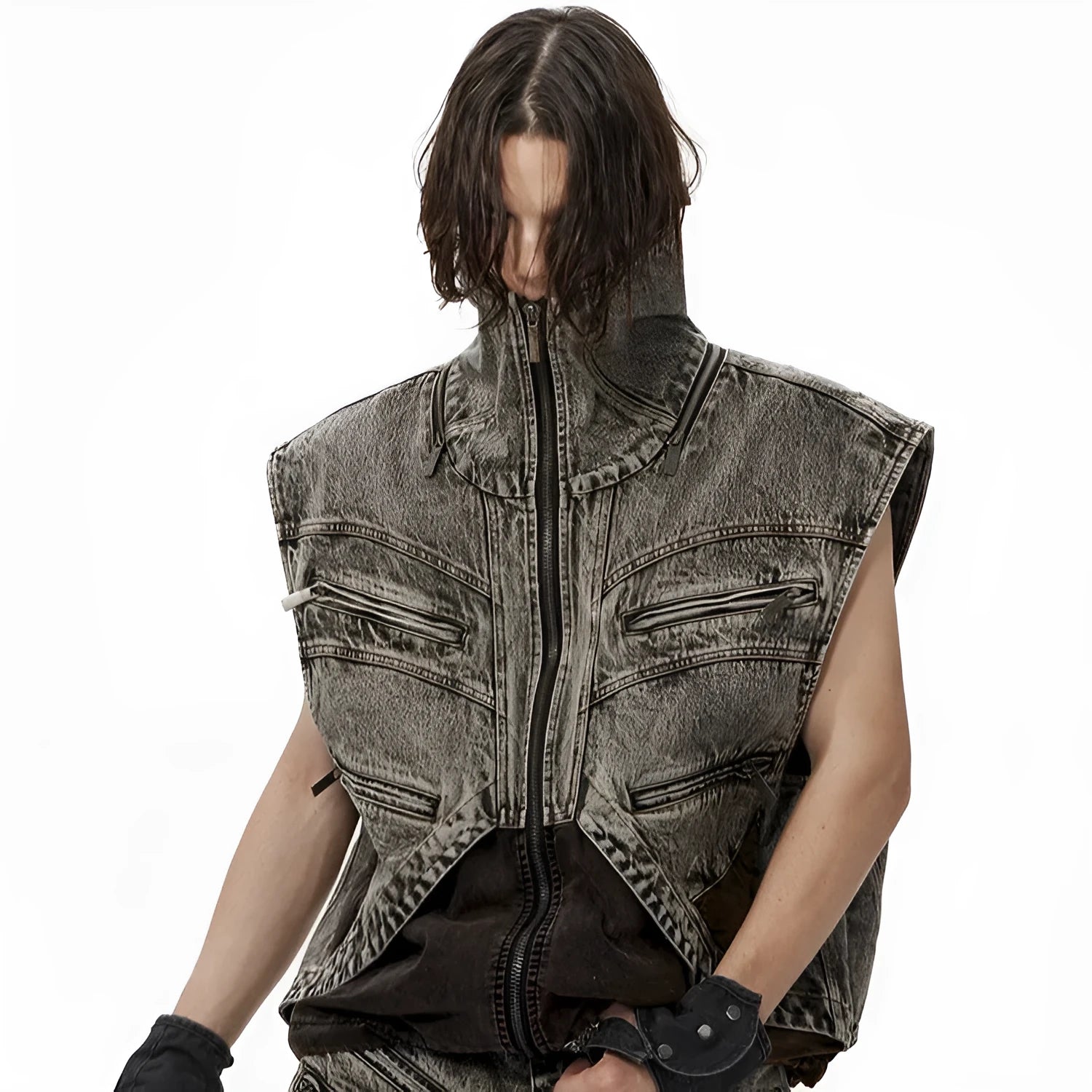 Men's splicing denim sleeveless vest jacket with front zipper in a youthful pop style.